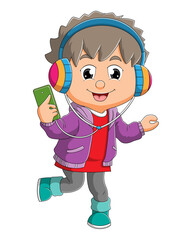 Poster - The boy is listening the music with the headphone