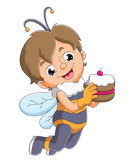 Poster - The boy with the bee costume is holding a cake