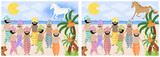Fototapeta Dinusie - Fairy tale wallpaper with mercantile group walking on the beach. Then the one person sea unicorn fly on the sky during it reaching the island.