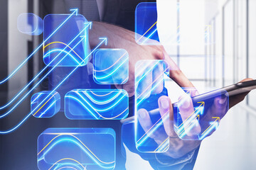 Poster - businessman wearing formal suit is touching tablet with his finger