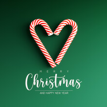 Two Lollipops In Shape Of Heart With Merry Christmas Text On Green Background 3D Rendering, 3D Illustration