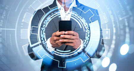 Poster - Businessman wearing suit is touching smartphone screen with his