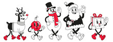Christmas Cartoon Characters. Set Of Vector Comic Illustrations With Snowman, Santa Claus In Trendy Retro Cartoon Style.