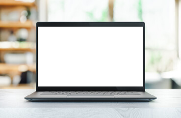 Poster - Laptop PC with blank screen on white wooden table in home interior - mockup template