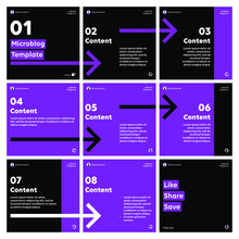 Microblog Carousel Slides Template For Instagram. Nine Pages With Black And Purple Arrows Theme.