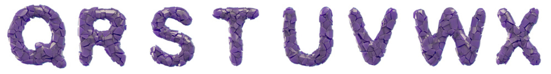 Wall Mural - Plastic letters set Q, R, S, T, U, V, W, X made of 3d render plastic shards purple color.