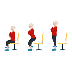 old woman sit to stand exercise. once standing, raise your head so you are looking forward and pull 