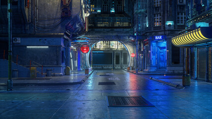Aufkleber - 3D illustration of a wide wet evening scene in a downtown street of a futuristic cyberpunk city.