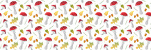 Vector Image. Seamless Patterns. Autumn Illustration With Amanita And Acorns And Leaves.