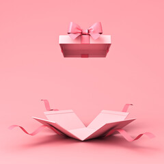Aufkleber - Surprise gift box or blank pink pastel color present box tied with pink ribbon and bow isolated on light pink background with shadow minimal conceptual 3D rendering