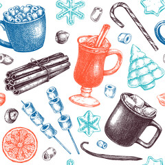 Wall Mural - Hand-sketched winter desserts and hot drinks backdrop. Mulled wine, hot chocolate, candies, and cookies background. Hand-drawn winter food and drinks seamless pattern for wrapping or packaging