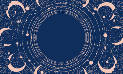 Wall Mural - blue mystical background with stars, clouds and orbits with place for text. heavenly boho background