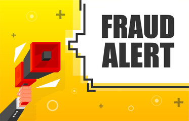 Fraud Alert banner template. Marketing flyer with megaphone. Isometric and pixel style. Template for retail promotion and announcement. Vector illustration.