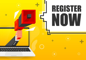 Poster - Register Now banner template. Marketing flyer with megaphone. Isometric and pixel style. Template for retail promotion and announcement. Vector illustration.