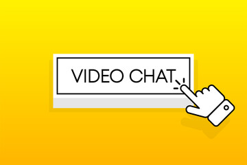 Wall Mural - White 3D button with the inscription Video Chat, isolated on a yellow background. Mouse cursor. Simple design. Vector illustration.