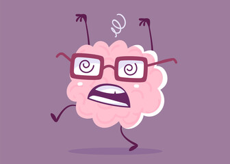 Wall Mural - Vector Creative Illustration of Tired Pink Human Brain Character in Glasses on Color Background. Flat Style Education Concept Design of Crazy Brain