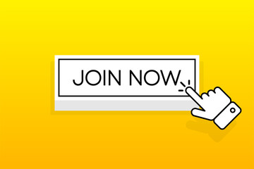 Poster - White 3D button with the inscription Join Now, isolated on a yellow background. Mouse cursor. Simple design. Vector illustration.