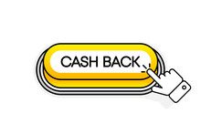 Yellow 3D Button With The Inscription Cash Back, Isolated On A White Background. Mouse Cursor. Linear Design. Vector Illustration.
