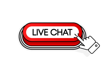 Poster - Red 3D button with the inscription Live Chat, isolated on a white background. Mouse cursor. Linear design. Vector illustration.