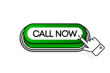 Poster - Green 3D button with the inscription Call Now, isolated on a white background. Mouse cursor. Linear design. Vector illustration.