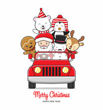 Cute Christmas Character Riding Car Celebrating Christmas Cartoon Doodle Card Background Illustration