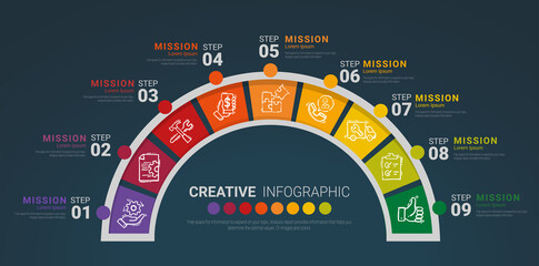 Half circle Infographic elements design with 9 options or steps. Infographics for business concept. Can be used for presentations banner, workflow layout, process diagram, flow chart, info graph