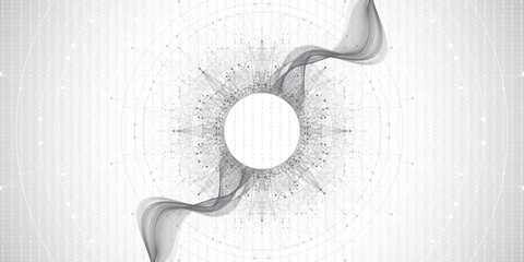 Leinwandbilder - Quantum computer technology banner design template concept. Deep learning artificial intelligence. Big data algorithms visualization for business, science, technology. Waves flow, illustration.