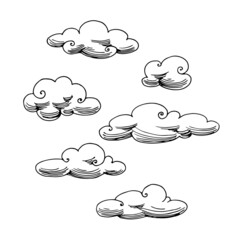 a set of clouds in the sky, design elements, weather phenomena, vector illustration with contour lin