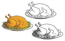 Roast Poultry With Garnish Served For Dinner. Black And White Stylized, Colored And Outline Version. Vector Illustration
