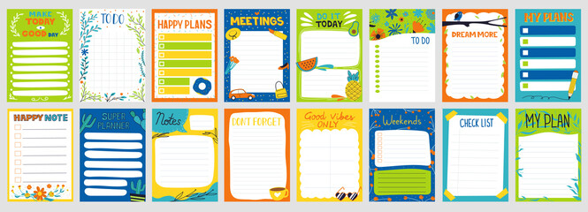 Poster - Cute planner. Notepad to do list. Paper page with colorful decoration. Schedule card and memo mockup. Organizer sheets templates set. Kids school stationery. Vector agenda collection