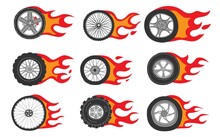 Flame Wheels. Doodle Car Motorcycle And Bicycle Tires With Dynamic Fire. Isolated Burning Automobile Circles For Branding And Logo. Fast Driving Icons. Vector Hand Drawn Shapes Set