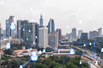 Social media icons hologram over panorama city view of Kuala Lumpur, Malaysia, Asia. The concept of people networking, connections and career opportunities. Double exposure.