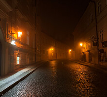 The foggy medieval streets of old Europe