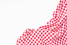 Fabric Textile Crumpled On White Background With Copy Space. Tablecloth Picnic Red, White Texture Checkers On White Background.