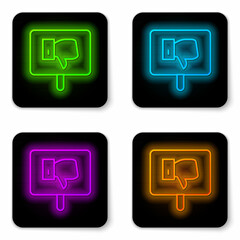 Sticker - Glowing neon line Protest icon isolated on white background. Meeting, protester, picket, speech, banner, protest placard, petition, leader, leaflet. Black square button. Vector