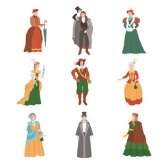 People in historical costumes of the 19th century. Victorian people fashion cartoon vector illustration