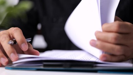 Poster - Begin learning for In meeting room concept, document report business note. Businessman manager hands writing at corporate on office desk for reading, signing in paperwork or documentation files.