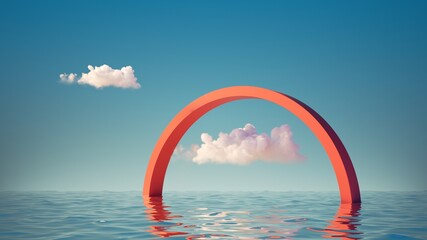 Canvas Print - 3d render, surreal desert seascape with red arch and white clouds in the blue sky on sunny day. mode