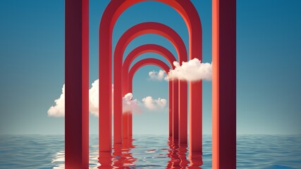 Canvas Print - 3d render, abstract modern background with white clouds, round red arches and water. simple panorami