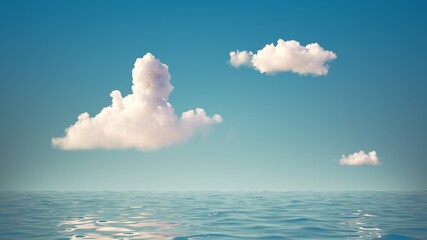 Wall Mural - 3d render, abstract simple background with seascape. white clouds in the blue sky above the calm wat
