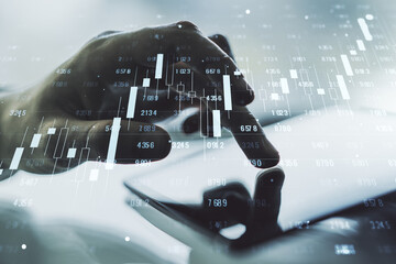 Poster - Multi exposure of creative statistics data hologram with finger presses on a digital tablet on background, stats and analytics concept