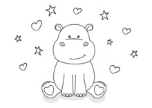 Coloring Page With Little Sitting Hippo, Small Stars And Hearts, Black And White Outline Elements On A White Background. Vector Design Template For Kids Coloring Book, Poster, Banner, Postcard, Print