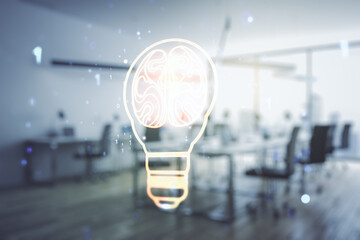 Aufkleber - Abstract virtual creative light bulb with human brain hologram on a modern furnished office interior background, artificial Intelligence and neural networks concept. Multiexposure