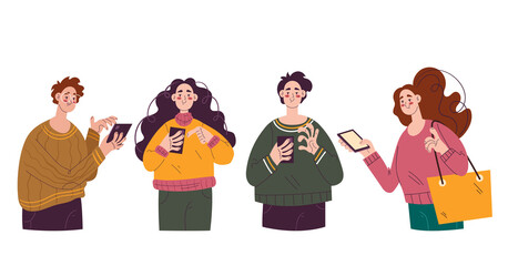 Group of people man woman characters using phone isolated set. Vector flat hand drawn illustration