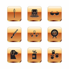 Sticker - Set Medieval spear, Dog, Camping gas stove, Cartridges, Shotgun, Glasses, Paw print and Hiking backpack icon. Vector