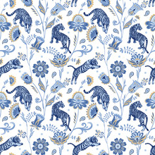 Blue Nordic Tigers And Abstract Folk Flowers And Leaves. Vector Seamless Pattern
