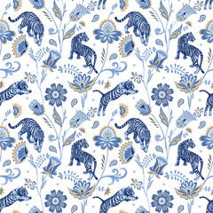blue nordic tigers and abstract folk flowers and leaves. vector seamless pattern