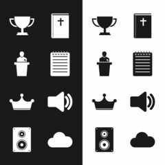 Sticker - Set Notebook, Speaker, Trophy cup, Holy bible, Crown and volume icon. Vector