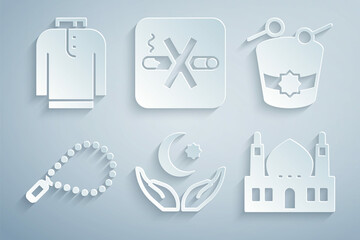 Poster - Set Star and crescent, Ramadan drum, Rosary beads religion, Muslim Mosque, No Smoking and Shirt kurta icon. Vector