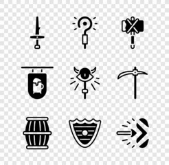 Wall Mural - Set Dagger, Magic wand, Medieval axe, Gun powder barrel, Shield, arrow, Street signboard with Bar and staff icon. Vector